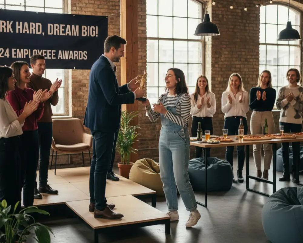 Ein Mann im Anzug überreicht einer lächelnden Frau auf einer kleinen Bühne eine goldene Statuette bei einer Firmenpreisverleihung. Im Hintergrund klatscht und lächelt eine Gruppe Kollegen. An der Wand hängt ein Banner mit der Aufschrift „HART ARBEITEN, GROSS TRÄUMEN! MITARBEITERAUSZEICHNUNGEN 2024“. Tische mit Pizza, Getränken und Hockern verteilen sich im Raum und schaffen eine lockere, festliche Atmosphäre.
