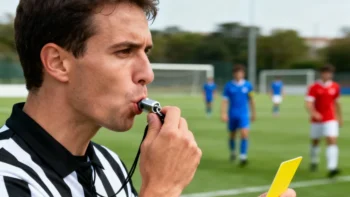 Ein Schiedsrichter pfeift während eines Fußballspiels