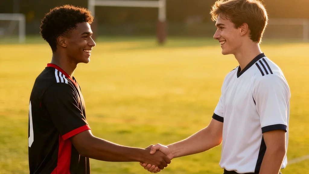 Fußballspieler geben sich als Fairplay-Geste die Hand